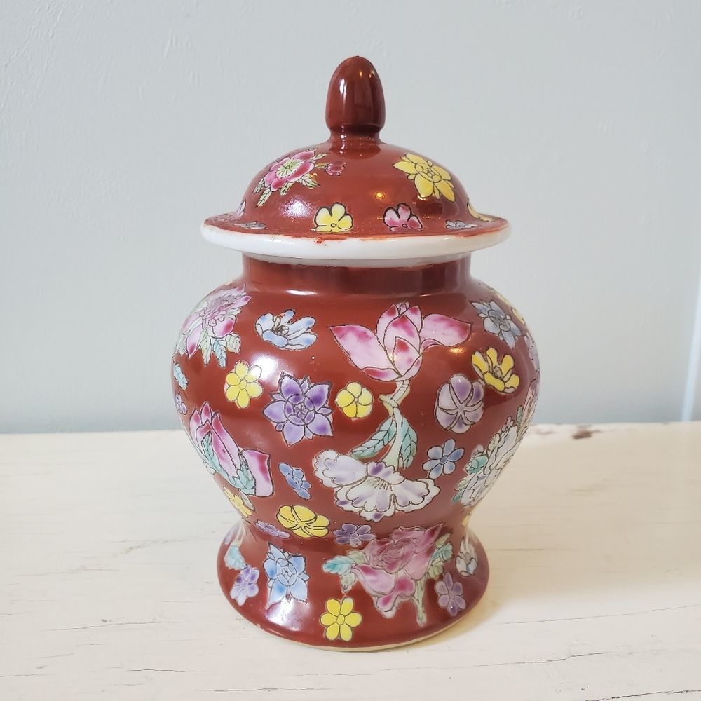 Boho Floral Deep Red Porcelain Ginger Jar with Lid Vintage Porcelain Vessel